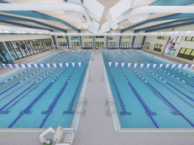 An overhead view of the indoor lap pools at Life Time Swim